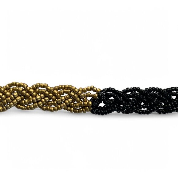 Two-Tone Black & Gold Beaded Braided Necklace With Adjustable Chain Closure 19"L - Picture 7 of 7